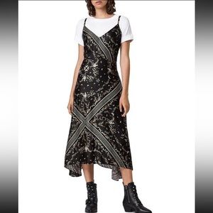 AllSaints Women Larisa Assam Silk Dress Black Pattern Slip Midi US 2